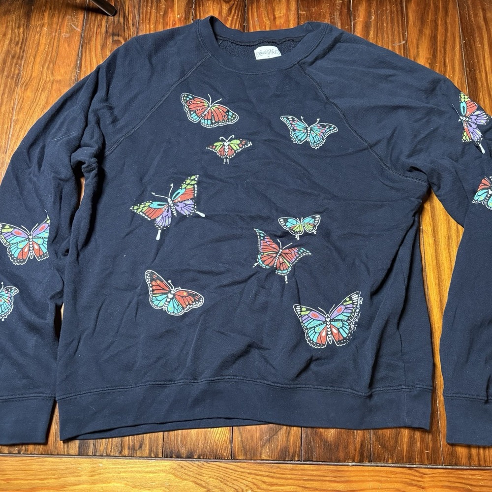 Lauren Moshi Dark Blue Colorful Anela Vintage Butterflies Pullover M New A3083